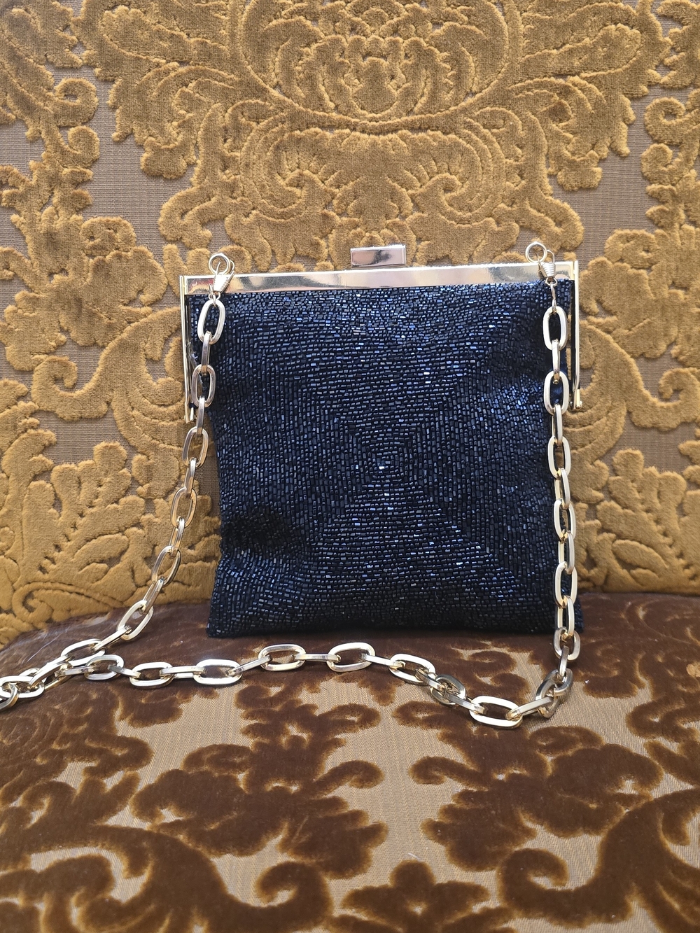 Sparkling Black Beaded Evening Clutch with Silver Chain